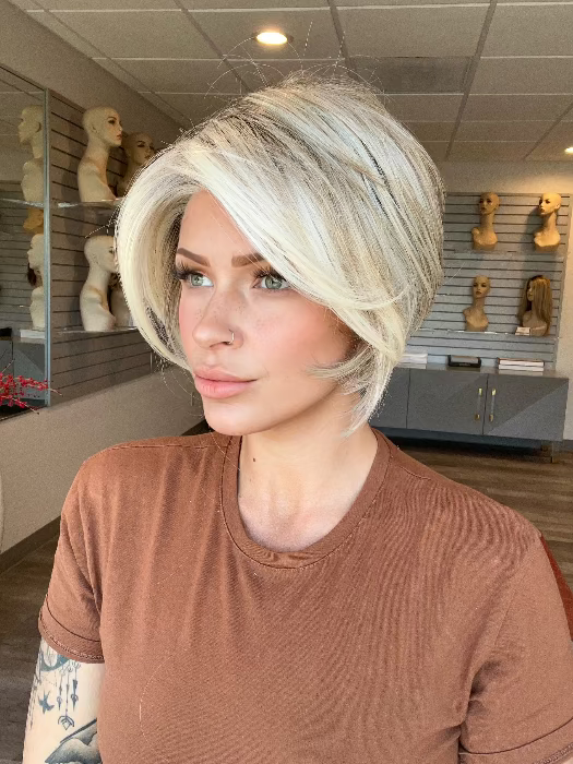 IGNITE by JON RENAU in color 101/88/27S8 CATALINA BLONDE | Pale blonde with Pure White Natural Violet halo highlights, shaded medium brown