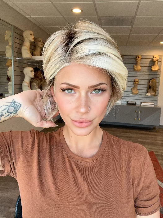  IGNITE by JON RENAU in color 101/88/27S8 CATALINA BLONDE | Pale blonde with Pure White Natural Violet halo highlights, shaded medium brown