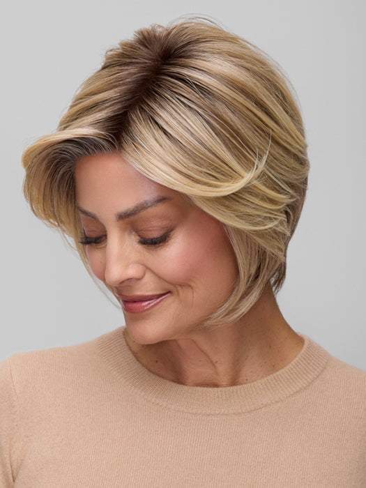 Model is wearing IVY in 12FS8 | SHADED PRALINE | Light Gold Brown, Light Natural Gold Blonde & Pale Natural Gold-Blonde Blend, Shaded with Medium Brown