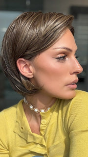 Model is wearing IVY by JON RENAU in shade 8RH14 MOUSSE CAKE | Medium Brown with 33% Medium Natural Blonde Highlights