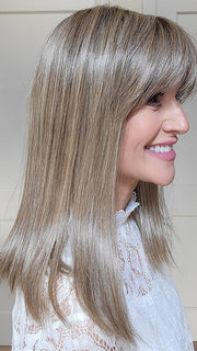 Natalie Gray @vanish.into.thin.hair wearing JACKY by ELLEN WILLE in color SAND MULTI ROOTED | Medium Ash Blonde Blended with Light Neutral Blonde and Lightest Brown with Shaded Roots