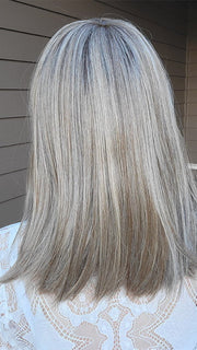Natalie Gray @vanish.into.thin.hair wearing JACKY by ELLEN WILLE in color SAND MULTI ROOTED | Medium Ash Blonde Blended with Light Neutral Blonde and Lightest Brown with Shaded Roots
