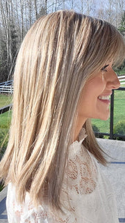 Natalie Gray @vanish.into.thin.hair wearing JACKY by ELLEN WILLE in color SAND MULTI ROOTED | Medium Ash Blonde Blended with Light Neutral Blonde and Lightest Brown with Shaded Roots