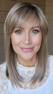 Natalie Gray @vanish.into.thin.hair wearing JACKY by ELLEN WILLE in color SAND MULTI ROOTED | Medium Ash Blonde Blended with Light Neutral Blonde and Lightest Brown with Shaded Roots