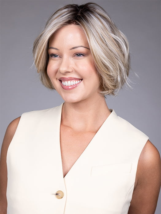 Model is wearing KATE by BELLETRESS in color BUTTERBEER R | Dark Brown Base and Root that transitions smoothly into a buttery blonde, infused with creamy honey and toffee tones