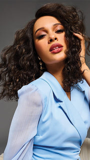 Model is wearing SHANTE by KIM KIMBLE in color MC4/10SS ESPRESSO MARTINI | Dark Brown with Lighter Brown Highlights