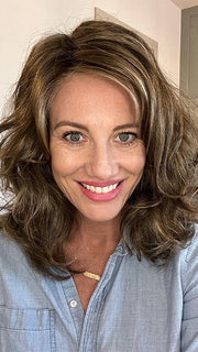 Jenny wearing KATHERINE by JON RENAU in  10RH16 CAFFE MOCHA | Light Brown with 33% Light Natural Blonde Highlights