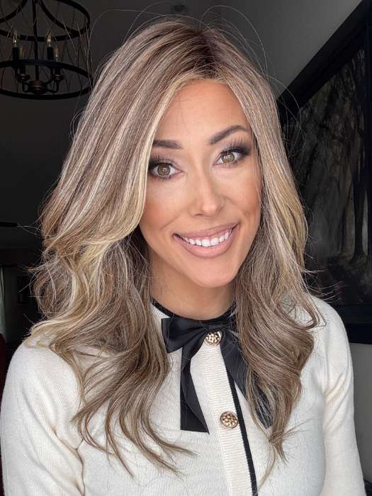 Nichole Corbett @nicholealee wearing LAUREN by BELLE TRESS in color SUNKISSED ALMOND R | A blend of Medium and Light Brown with Light Gold Blonde Highlights and a hint of Cooler Blonde, rooted with Medium and Light Brown | styled with curls