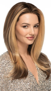 LEADING EDGE in color EL17/23R8| Pale Auburn Beige Blonde Blend, Rooted Medium Brown, Highlighted Light Blonde with face framimg highlights