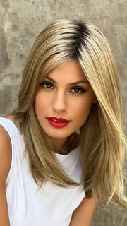 Roxie wearing LEVEL by ELLEN WILLE in SANDY BLONDE TONED 26.14 | Light Golden Blonde and Medium Ash Blonde Blend with Shaded Roots