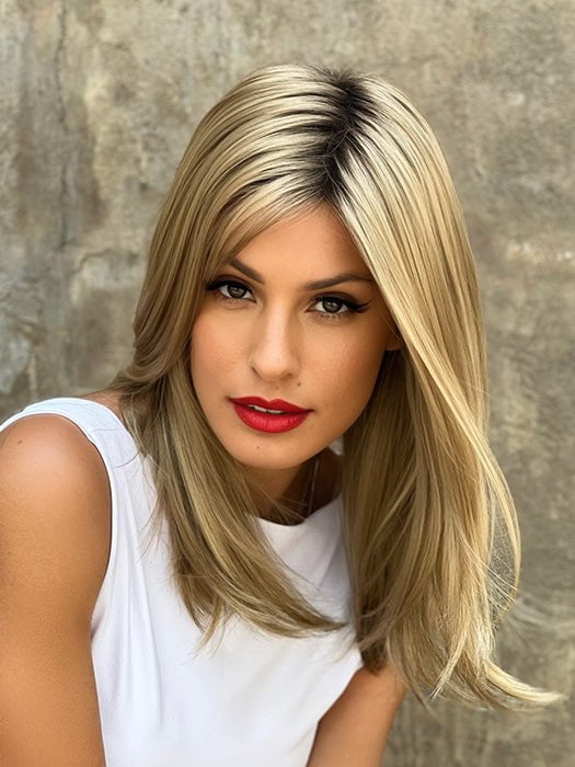 Roxie wearing LEVEL by ELLEN WILLE in SANDY BLONDE TONED 26.14 | Light Golden Blonde and Medium Ash Blonde Blend with Shaded Roots