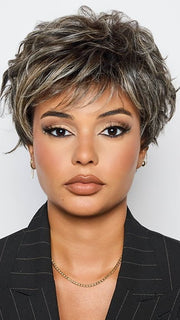 LUCA by Rene of Paris in TRUFFLE RIBBON R | Off-Black base with Warm Medium Brown and Silver highlights. The Dark Brown Root creates a naturally dimensional appearance