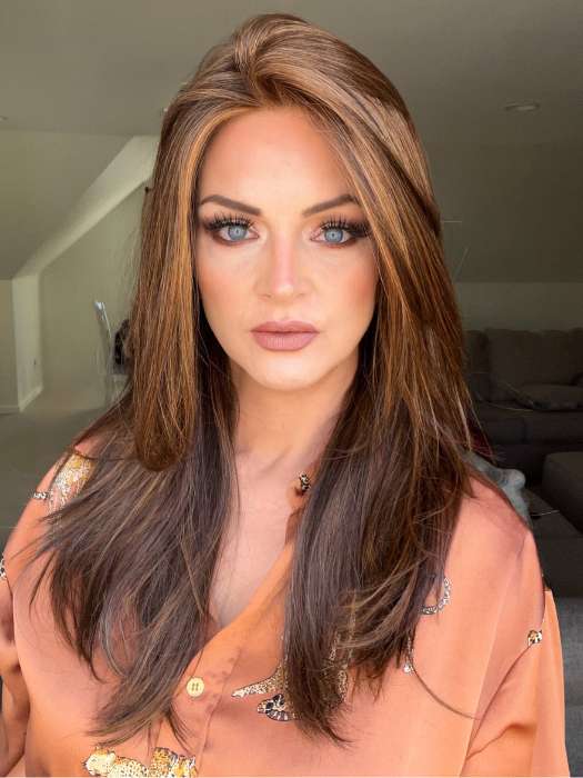 Sandy @i_be_wiggin wearing SCENE STEALER by RAQUEL WELCH WIGS in RL5/27 GINGER BROWN | Warm Medium Brown Evenly Blended with Medium Golden Blonde