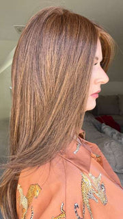 Sandy @i_be_wiggin wearing SCENE STEALER by RAQUEL WELCH WIGS in RL5/27 GINGER BROWN | Warm Medium Brown Evenly Blended with Medium Golden Blonde