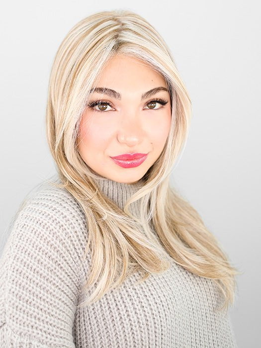 Maha wearing MESMERIZED by RAQUEL WELCH in RL19/23 BISCUIT | Light Ash Blonde Evenly Blended with Cool Platinum Blonde