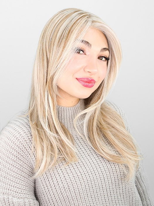 Maha wearing MESMERIZED by RAQUEL WELCH in RL19/23 BISCUIT | Light Ash Blonde Evenly Blended with Cool Platinum Blonde