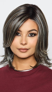 MIKA by Rene of Paris in TRUFFLE RIBBON R | Off-Black base with Warm Medium Brown and Silver highlights. The Dark Brown Root creates a naturally dimensional appearance