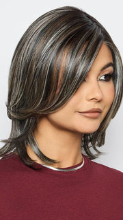 TRUFFLE RIBBON R | Off-Black base with Warm Medium Brown and Silver highlights. The Dark Brown Root creates a naturally dimensional appearance