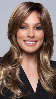 ROYCE by Amore in MOCHACCINO-LR | Longer Dark Roots with Light Brown Base and Strawberry Blonde Highlights