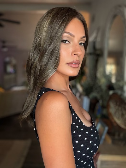 Roxie is wearing MORGAN BY JON RENAU in 8RH14 MOUSSE CAKE | Medium Brown with 33% Medium Natural Blonde Highlights