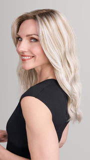 Model is wearing OLIVIA in FS17/101S18 PALM SPRINGS BLONDE | Light Ash Blonde w/ Pure White Natural Violet, Shaded w/ Dark Natural Ash Blonde