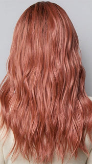Model is wearing POSH WAVEZ in DUSTY ROSE | Medium Coral Red Base with Dark Brown Roots