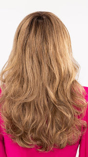 Roxie wearing PRETTY by ELLEN WILLE in BERNSTEIN ROOTED | Light Brown base with subtle Light Honey Blonde and Light Butterscotch Blonde highlights and Dark Roots