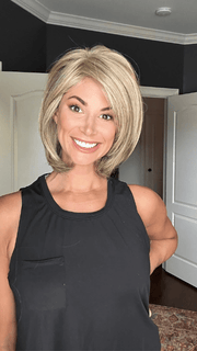 Katy C. @thewigeducator wearing UPSTAGE by RAQUEL WELCH WIGS in color RL16/88 PALE GOLDEN HONEY | Dark Natural Blonde Evenly Blended with Pale Golden Blonde