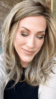 Kristyna Moore @kristynamoore wearing MIRANDA by JON RENAU in color 24BT18S8 SHADED MOCHA | Medium Natural Ash Blonde & Light Natural Gold Blonde Blend, Shaded with Medium Brown