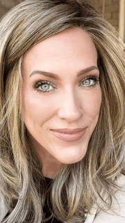 Kristyna Moore @kristynamoore wearing MIRANDA by JON RENAU in color 24BT18S8 SHADED MOCHA | Medium Natural Ash Blonde & Light Natural Gold Blonde Blend, Shaded with Medium Brown