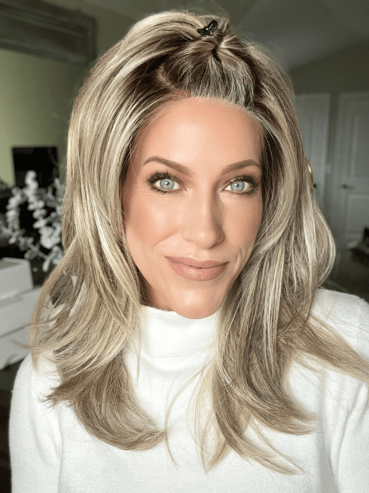 Kristyna Moore @kristynamoore wearing SPOTLIGHT by RAQUEL WELCH WIGS in color RL17/23SS ICED LATTE MACCHIATO | Honey Blonde shaded with Cool Blonde with Dark Roots