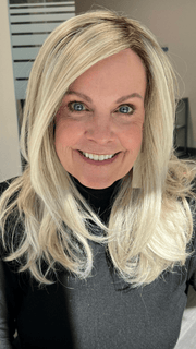 Susan Sparks @sparkles_intheworld wearing MIRANDA by JON RENAU in color FS17/101S18 PALM SPRINGS BLONDE | Light Ash Blonde with Pure White Natural Violet, Shaded with Dark Natural Ash Blonde