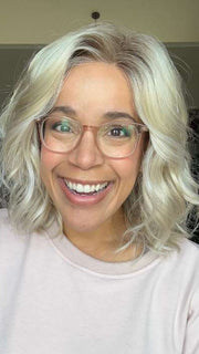 Brea @getwiggywithbrea wearing ARLO by ESTETICA in color SUNLIT-BLONDE | Soft Blend of Sandy Blonde, Lightest Blonde and Iced Blonde with a Light Golden Brown Root
