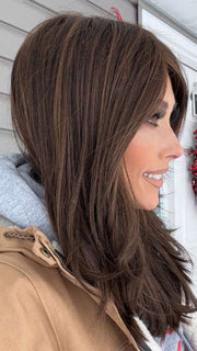 Nichole @nicholealee wearing BRANDI by AMORE in color TOASTED-BROWN | Dark Brown and Light Brown Blend
