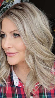 Natalie @vanish.into.thin.hair wearing MIU V by BELLETRESS in color SHAKEN OATMILK BLONDE R | A Medium and Light Brown Base with Cool and Neutral Blonde, and Light Blonde Highlights with a Medium Brown Root
