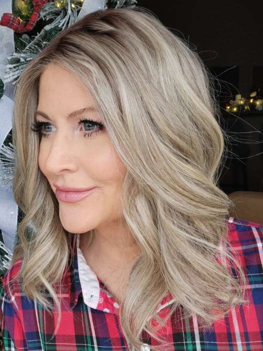 Natalie @vanish.into.thin.hair wearing MIU V by BELLETRESS in color SHAKEN OATMILK BLONDE R | A Medium and Light Brown Base with Cool and Neutral Blonde, and Light Blonde Highlights with a Medium Brown Root
