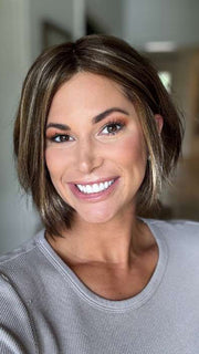 Katy C. @thewigeducator wearing KENNEDY by ESTETICA in color CARMKISSM | Golden Brown with Light Copper Blonde Highlights
