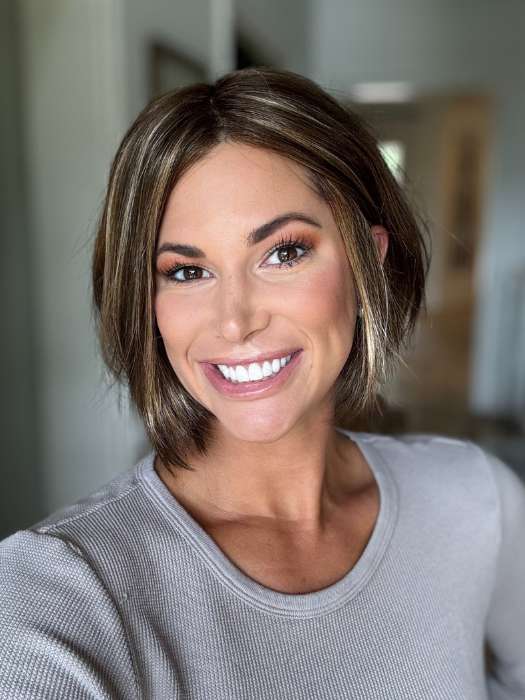 Katy C. @thewigeducator wearing KENNEDY by ESTETICA in color CARMKISSM | Golden Brown with Light Copper Blonde Highlights
