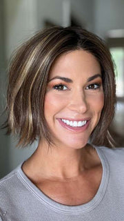 Katy C. @thewigeducator wearing KENNEDY by ESTETICA in color CARMKISSM | Golden Brown with Light Copper Blonde Highlights
