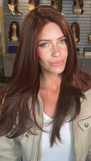 Madeline wearing SCENE STEALER in RL33/35 DEEPEST RUBY | Dark Auburn Evenly Blended with Ruby Red