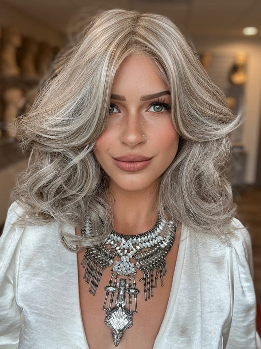 Madeline is wearing AURORA by JON RENAU in 101F48T MARTINI | Soft White Front, Light Brown with 75% Grey Blend with Soft White Tips