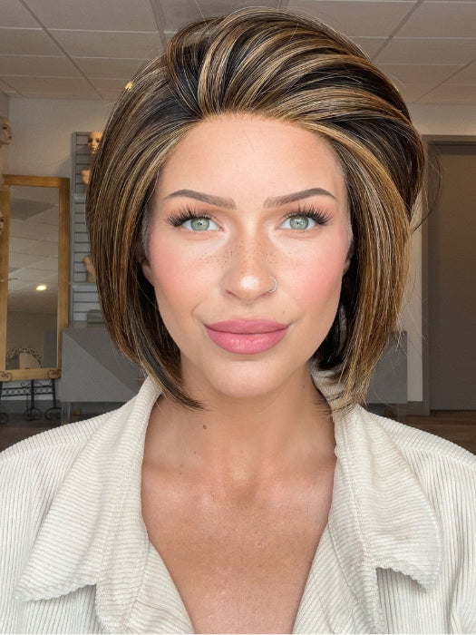 Madeline is wearing STRAIGHT UP WITH A TWIST ELITE by RAQUEL WELCH in RL8/29SS SHADED HAZELNUT | Warm Medium Brown Evenly Blended with Ginger Blonde with Dark Roots