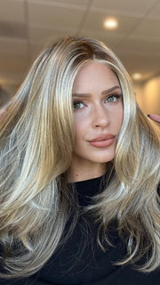 Madeline is wearing COURTNEY by JON RENAU in 12FS8 | Light Golden Brown,Light Natural Golden Blonde & Pale Natural Gold-Blonde Blend, Shaded w/Medium Brown