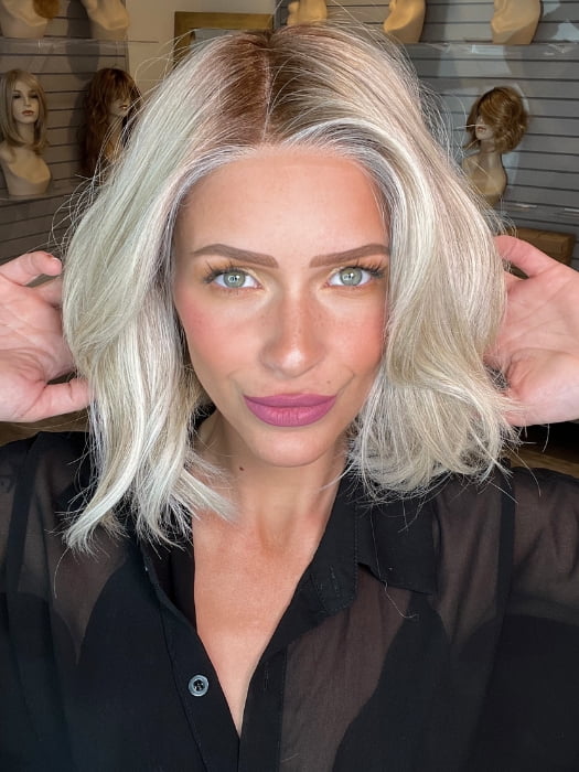 Madeline wearing MIRA by AMORE in MILKY-OPAL | A Blend of Creamy Blonde and White Blonde Rooted with Warm Brown