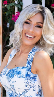 Roxie wearing JULIANNE by JON RENAU in FS17/101S18 PALM SPRINGS BLONDE | Light Ash Blonde with Pure White Natural Violet Bold Highlights, Shaded with Dark Natural Ash Blonde