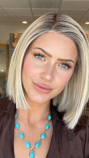 Madeline is wearing LIA ll by ELLEN WILLE in PEARL BLONDE ROOTED 101.24.20 | Pearl Platinum, Lightest Ash Blonde and Light Strawberry Blonde Blend with Dark Shaded Roots