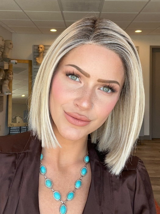 Madeline is wearing LIA ll by ELLEN WILLE in PEARL BLONDE ROOTED 101.24.20 | Pearl Platinum, Lightest Ash Blonde and Light Strawberry Blonde Blend with Dark Shaded Roots