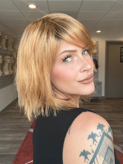 Madeline is wearing JONES by ESTETICA in MANDARIN-ROOTED | Light Auburn and Strawberry Blonde Blend with Golden Brown Roots