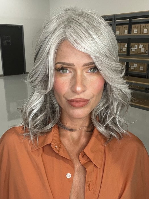 Madeline wearing BRADSHAW by BELLETRESS in COCONUT MILK GRAY | A soft, modern blend of creamy off-white and gentle gray tones, creating a pearlescent, silvery finish.