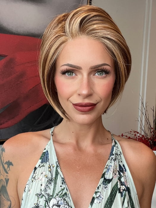 Madeline wearing IGNITE by JON RENAU in FS27 STRAWBERRY SYRUP | Medium Red-Gold Blonde with Gold Blonde Bold Highlights